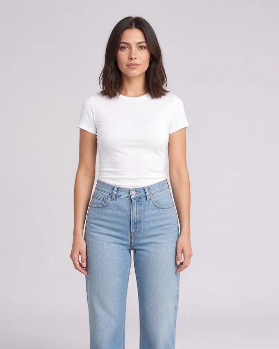 Clienta con camiseta blanca y vaqueros