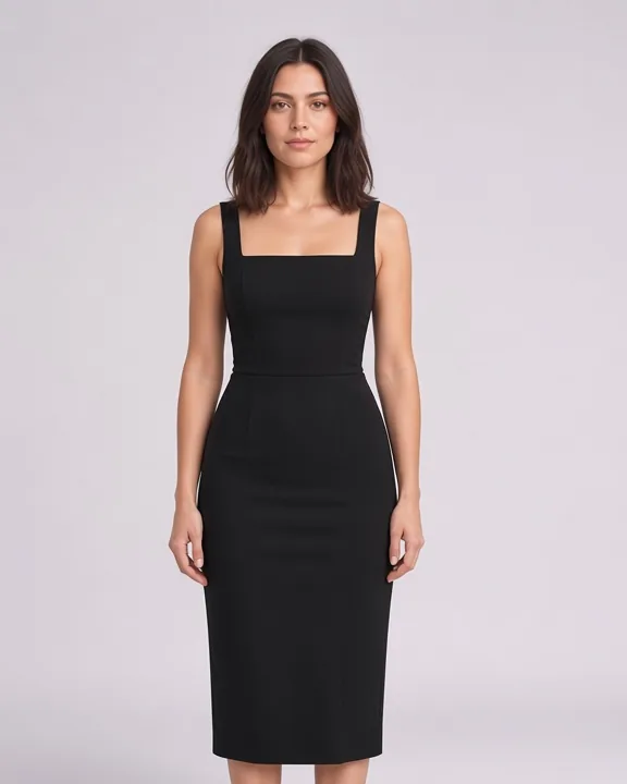La misma clienta con vestido negro, puesto de forma virtual